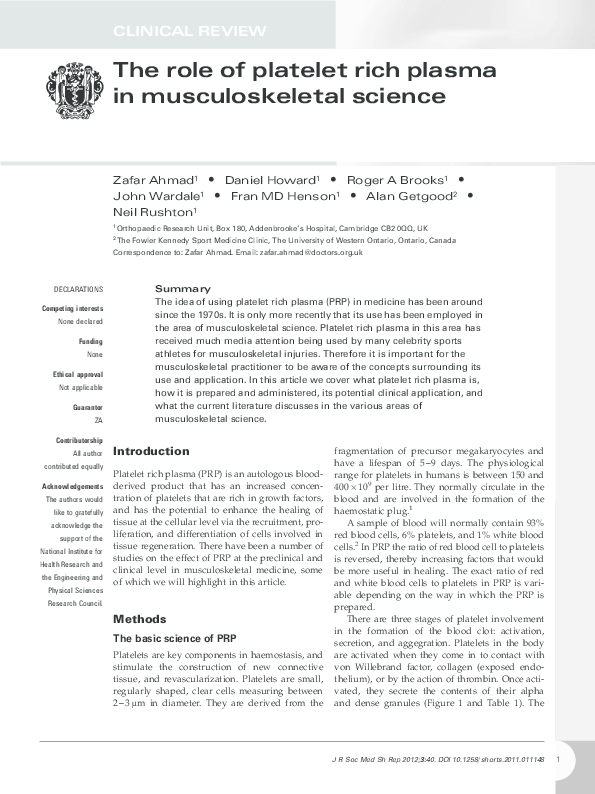 (PDF) The role of platelet rich plasma in musculoskeletal science