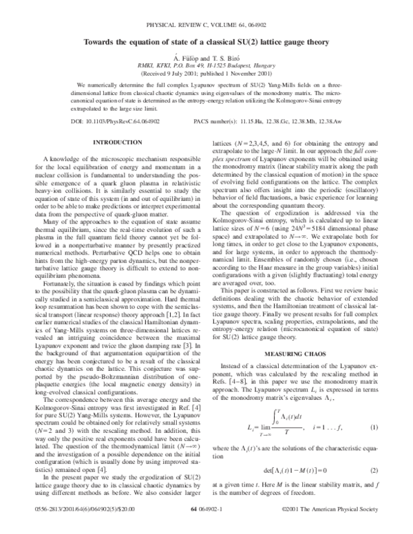 Towards the equation of state of classical SU (2) lattice gauge theory