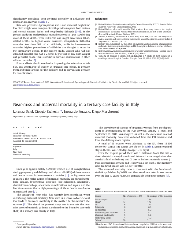 (PDF) Near-miss and maternal mortality in a tertiary care facility in Italy