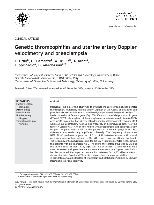 (PDF) Genetic thrombophilias and uterine artery Doppler velocimetry and ...