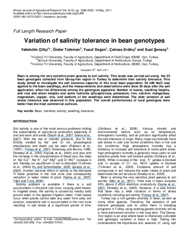(PDF) Variation of salinity tolerance in bean genotypes