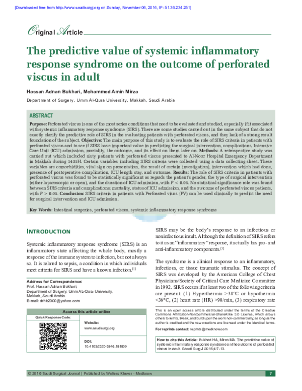 (PDF) The predictive value of systemic inflammatory response syndrome ...
