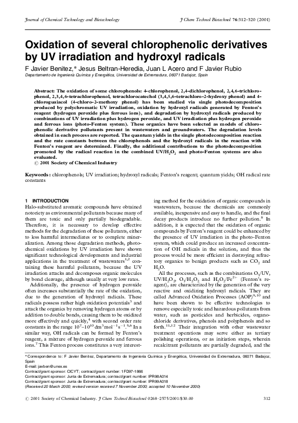 (PDF) Oxidation of several chlorophenolic derivatives by UV irradiation ...
