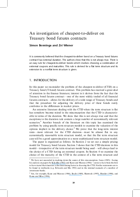(PDF) An investigation of cheapesttodeliver on Treasury bond futures