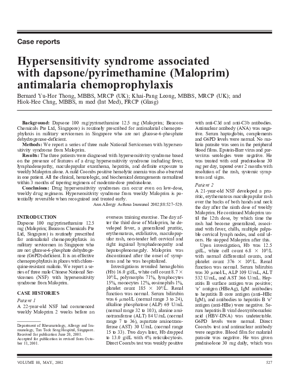 (PDF) Hypersensitivity syndrome associated with dapsone/pyrimethamine ...