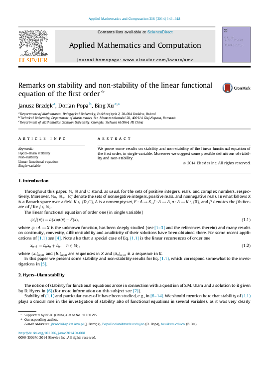(PDF) Remarks on stability and non-stability of the linear functional ...