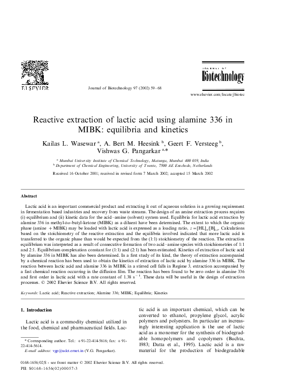 (PDF) Reactive extraction of lactic acid using alamine 336 in MIBK ...