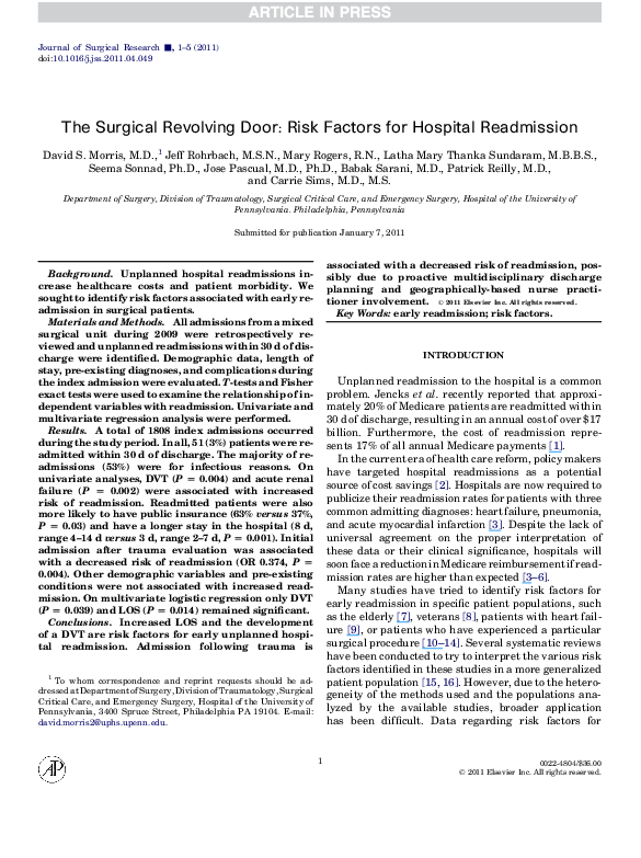 (PDF) The Surgical Revolving Door: Risk Factors for Hospital Readmission