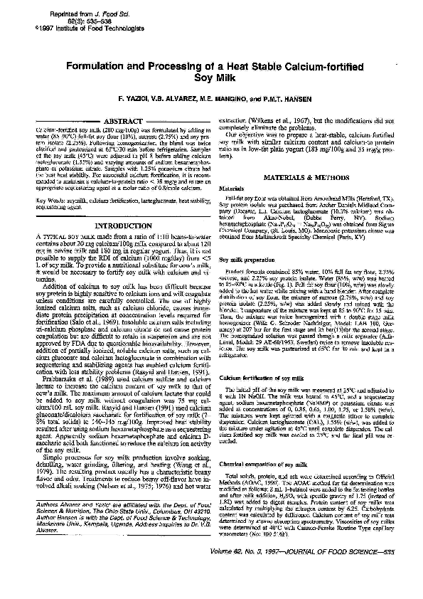 (PDF) Formulation and Processing of a Heat Stable Calciumfortified Soy