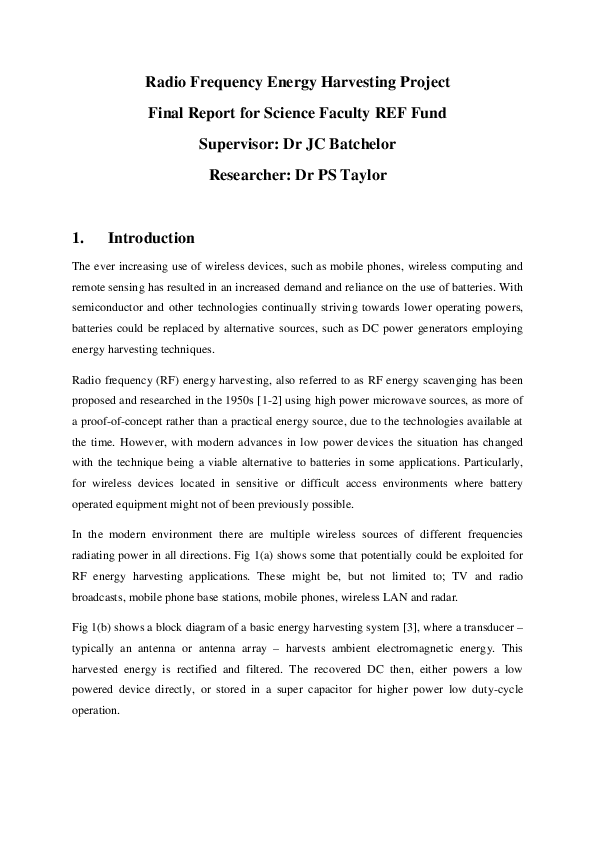 (PDF) Radio Frequency Energy Harvesting Project Final Report for ...