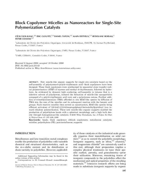 (PDF) Block copolymer micelles as nanoreactors for single-site ...