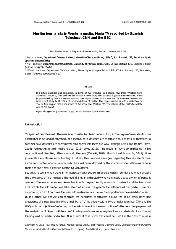 Pdf Muslim Journalists In Western Media Maria Tv Reported By Spanish Telecinco Cnn And The c Frederic Guerrero Sole Miquel R Alsina And Pilar Medina Academia Edu