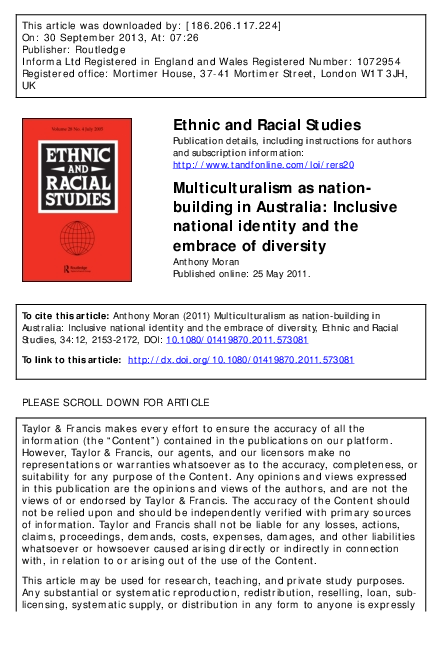 Pdf Ethnic And Racial Studies Multiculturalism As Nation Building In