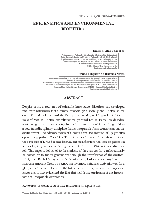 (PDF) EPIGENETICS AND ENVIRONMENTAL BIOETHICS