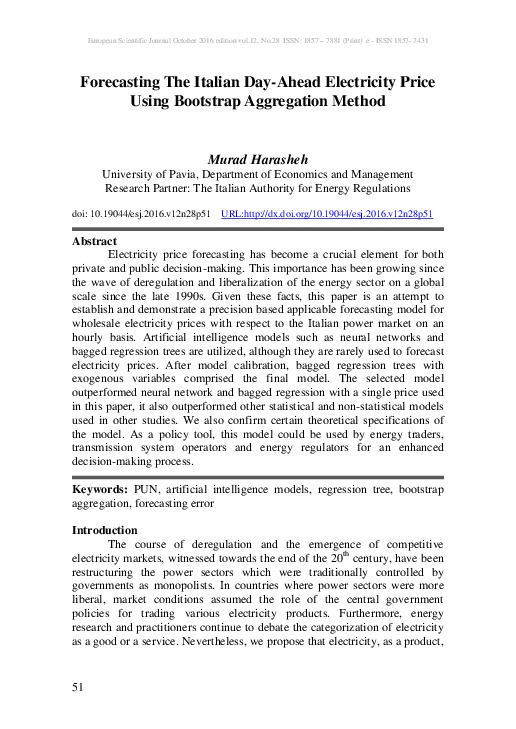 (PDF) Forecasting The Italian Day-Ahead Electricity Price Using ...