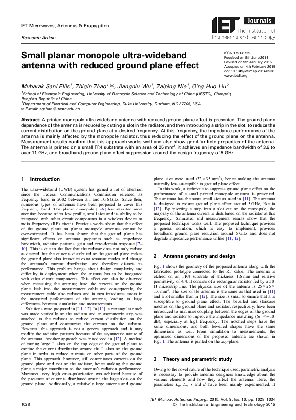 (PDF) Small planar monopole ultrawideband antenna with reduced ground
