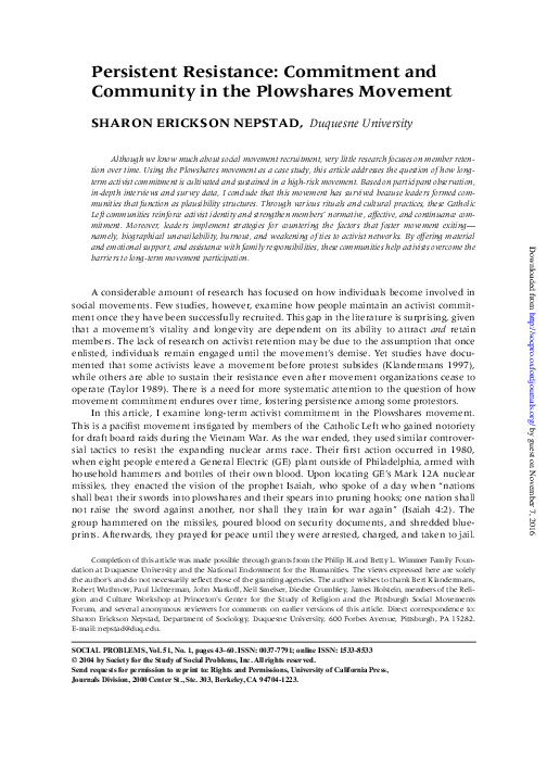 (PDF) Persistent Resistance Commitment and Community in the Plowshares