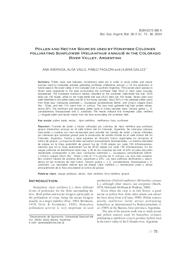 (PDF) Pollen and Nectar Sources used by Honeybee Colonies pollinating
