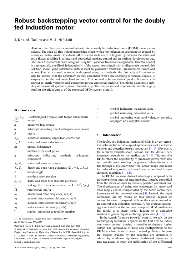 (PDF) Robust backstepping vector control for the doubly fed induction motor