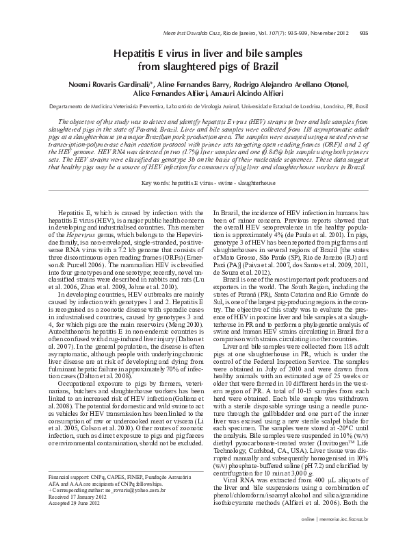 (PDF) Hepatitis E virus in liver and bile samples from slaughtered pigs ...