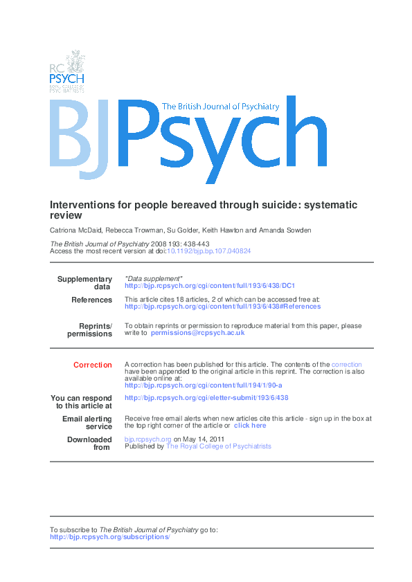 (PDF) Interventions for people bereaved through suicide: systematic review