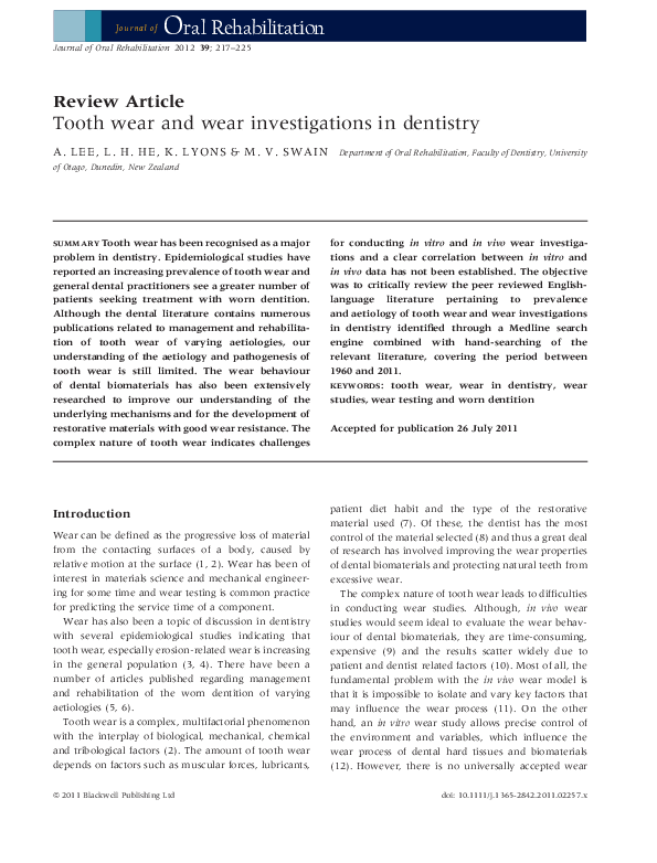 (PDF) Tooth wear and wear investigations in dentistry Karl Lyons Academia.edu