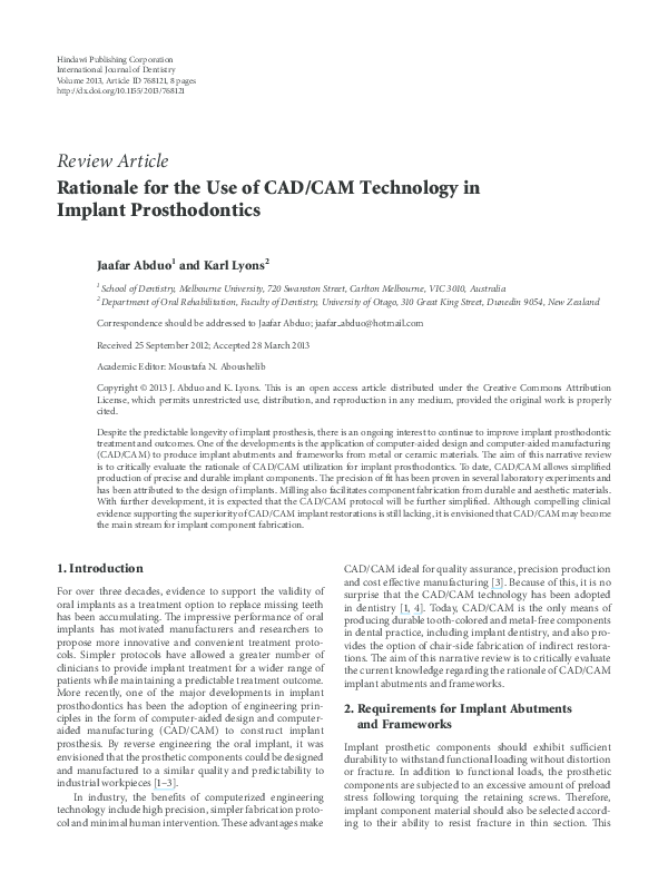 (PDF) Rationale for the Use of CAD/CAM Technology in Implant Prosthodontics