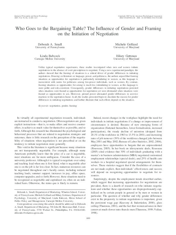 (PDF) Who Goes to the Bargaining Table? The Influence of Gender and