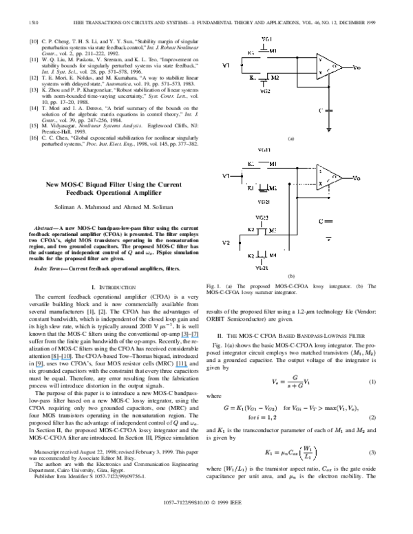 (PDF) New MOS-C biquad filter using the current feedback operational ...