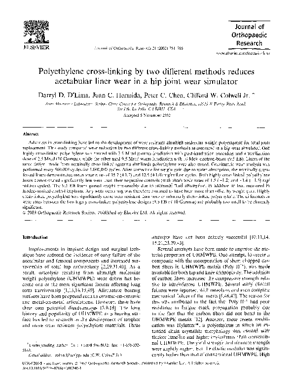 (PDF) Polyethylene cross-linking by two different methods reduces ...