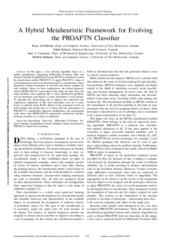 (PDF) A Hybrid Metaheuristic Framework for Evolving the PROAFTN Classifier