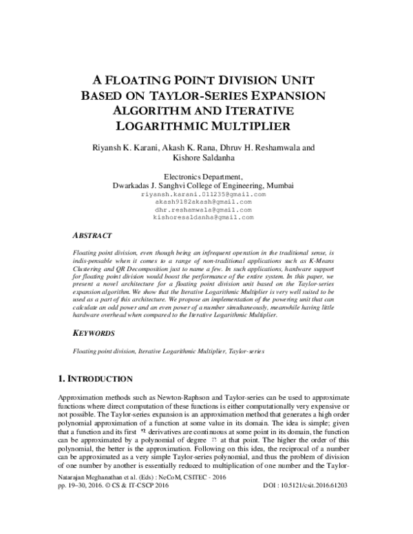 (PDF) A FLOATING POINT DIVISION UNIT BASED ON TAYLOR-SERIES EXPANSION ...