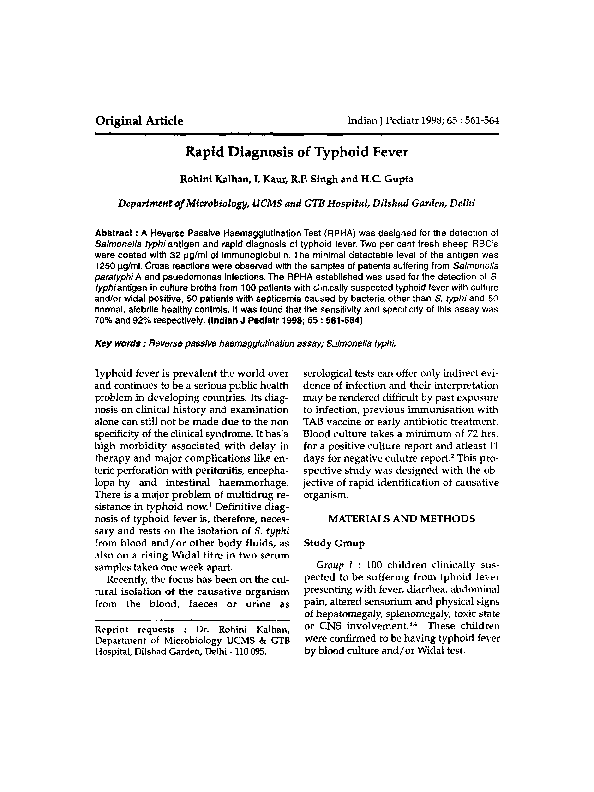 (PDF) Rapid diagnosis of typhoid fever