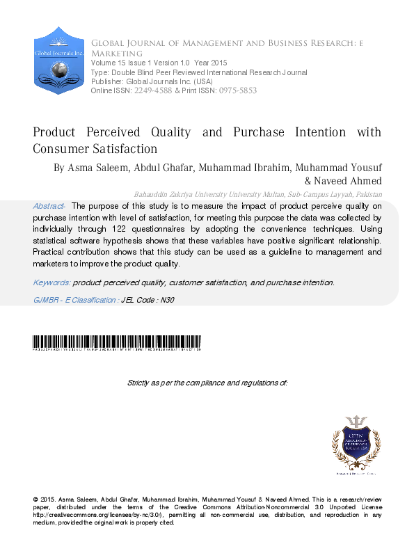 (PDF) Product Perceived Quality and Purchase Intention with Consumer ...