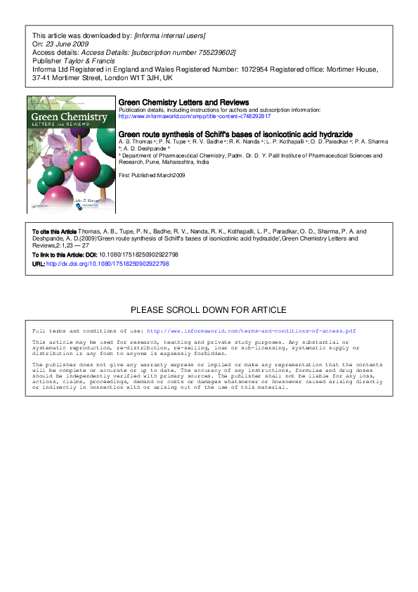 (PDF) Green route synthesis of Schiff's bases of isonicotinic acid ...