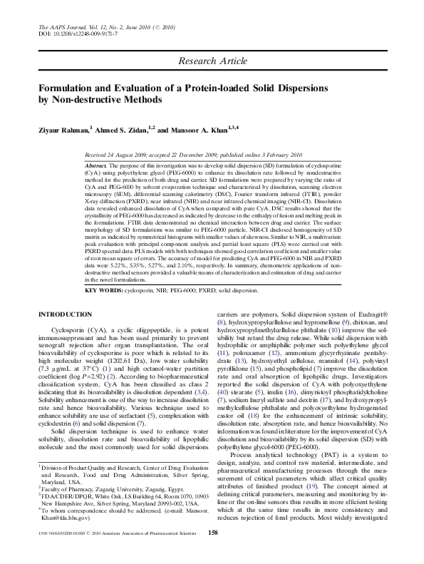(PDF) Formulation and Evaluation of a Protein-loaded Solid Dispersions ...