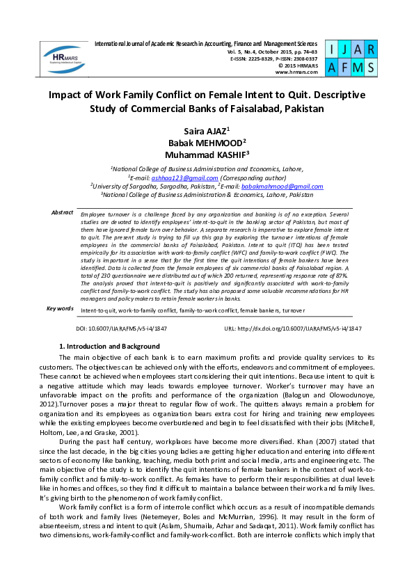 (PDF) Impact of Work Family Conflict on Female Intent to Quit ...