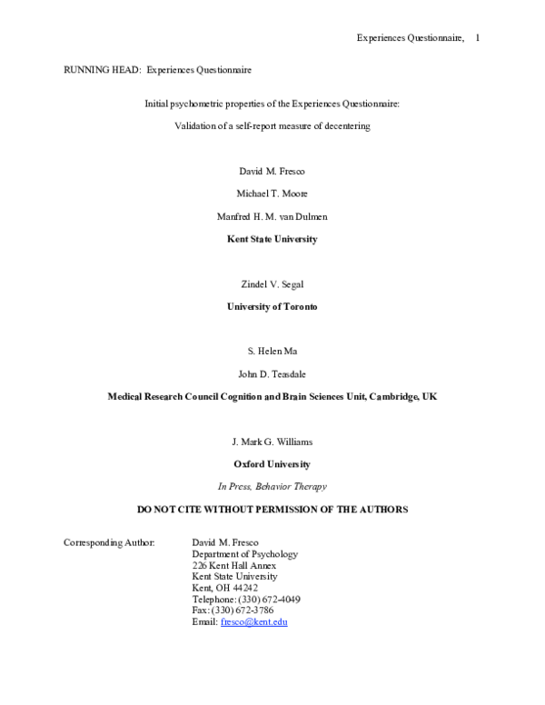 (PDF) Initial Psychometric Properties of the Experiences Questionnaire ...