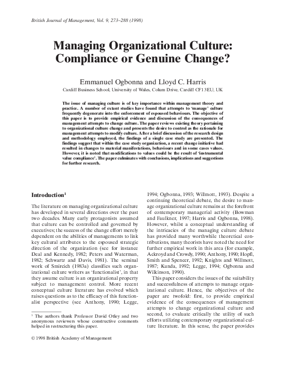 (PDF) Managing Organizational Culture: Compliance or Genuine Change