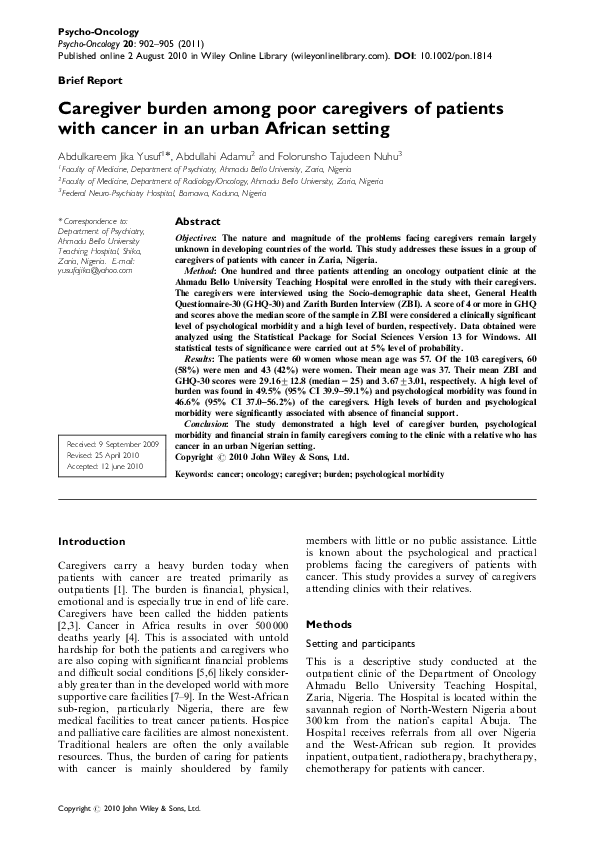 (PDF) Caregiver burden among poor caregivers of patients with cancer in ...