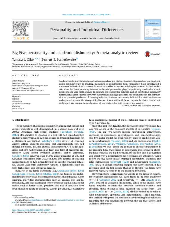 (PDF) Big Five personality and academic dishonesty: A meta-analytic review