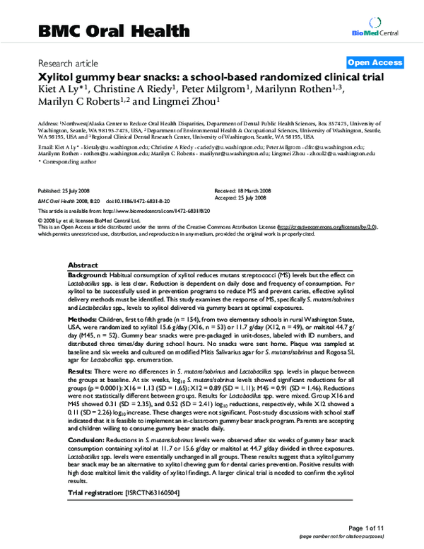 (PDF) Xylitol gummy bear snacks a schoolbased randomized clinical trial Marilyn Roberts and