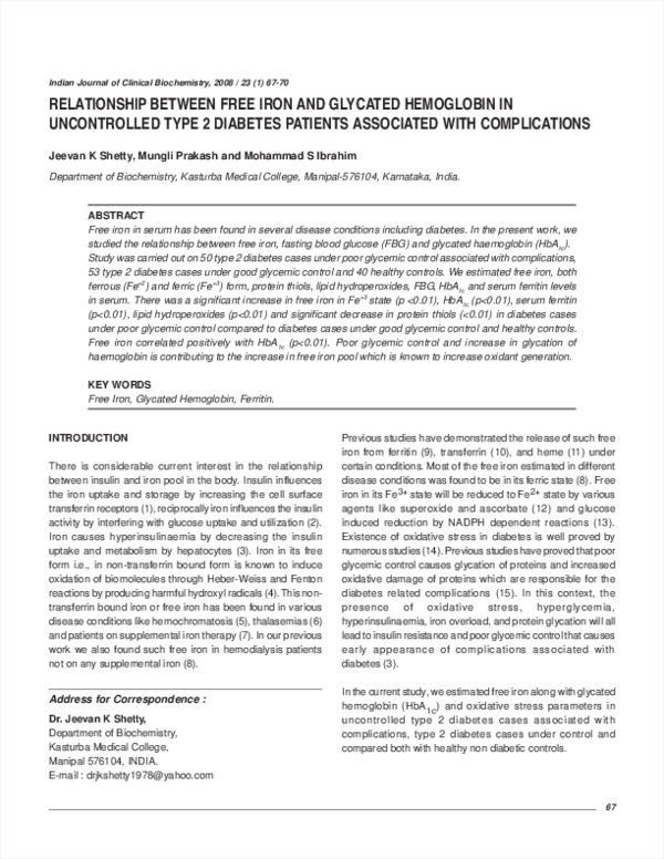(PDF) Relationship between free iron and glycated hemoglobin in ...