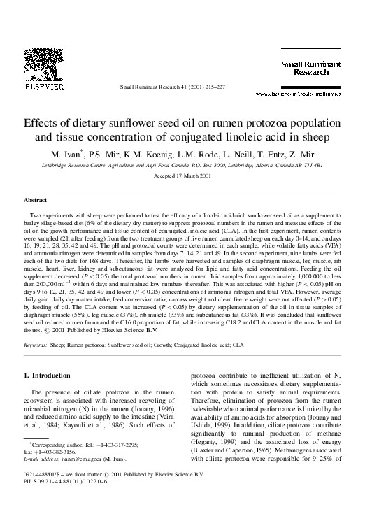 (PDF) Effects of dietary sunflower seed oil on rumen protozoa population and tissue