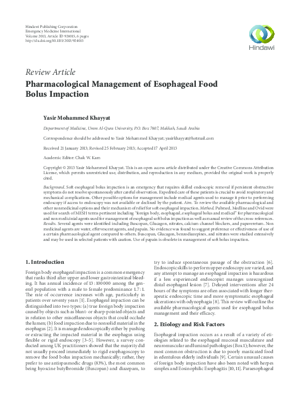 (PDF) Pharmacological Management of Esophageal Food Bolus Impaction