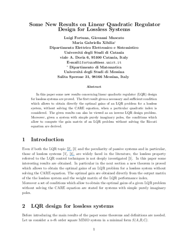 (PDF) Some New Results on Linear Quadratic Regulator Design for ...