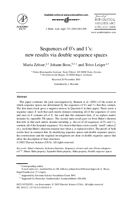 (PDF) Sequences of 0's and 1's: new results via double sequence spaces