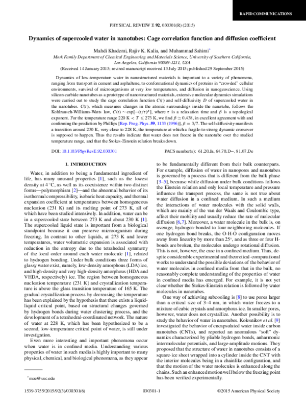 (PDF) Dynamics of supercooled water in nanotubes: Cage correlation ...