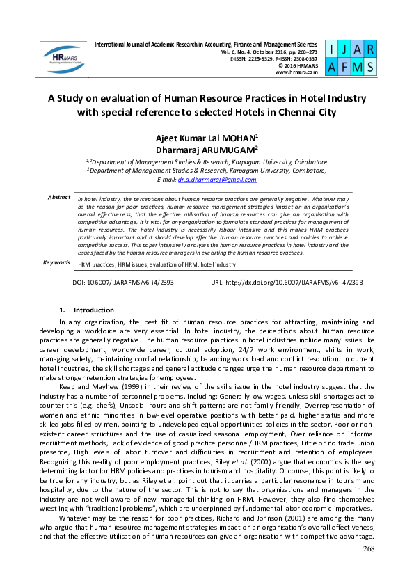 (PDF) A Study on evaluation of Human Resource Practices in Hotel ...