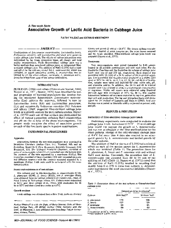 (PDF) Associative Growth of Lactic Acid Bacteria in Cabbage Juice